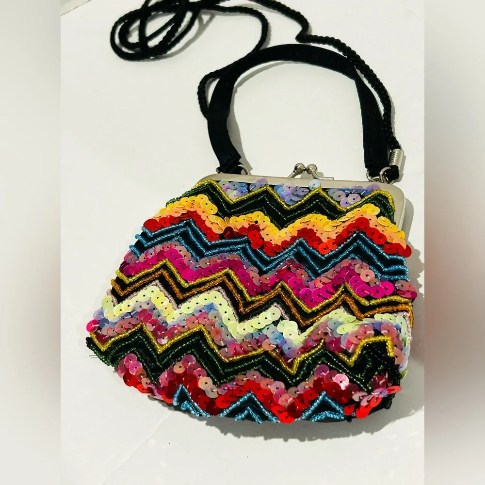 Vintage Rainbow Whimsical Beaded Sequin Crossbody Clutch Kiss Lock Purse